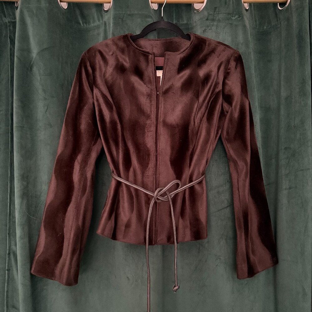 SOLD ✨VTG Cache GOLD LABEL Brown Velour Jacket w/ Faux Leather Waist Tie